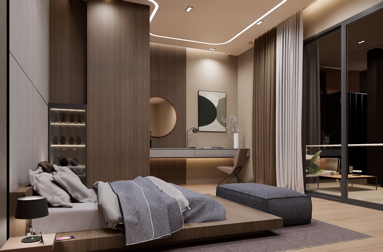 Stylish minimalist bedroom interior featuring a cozy bed, modern decor, and warm lighting.